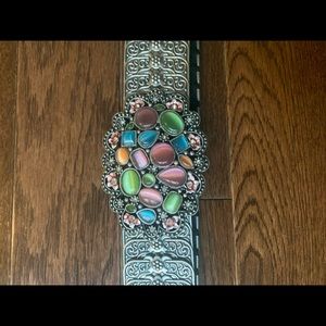 Beautiful Silver and Stone Buckle Stretch Belt-S/M